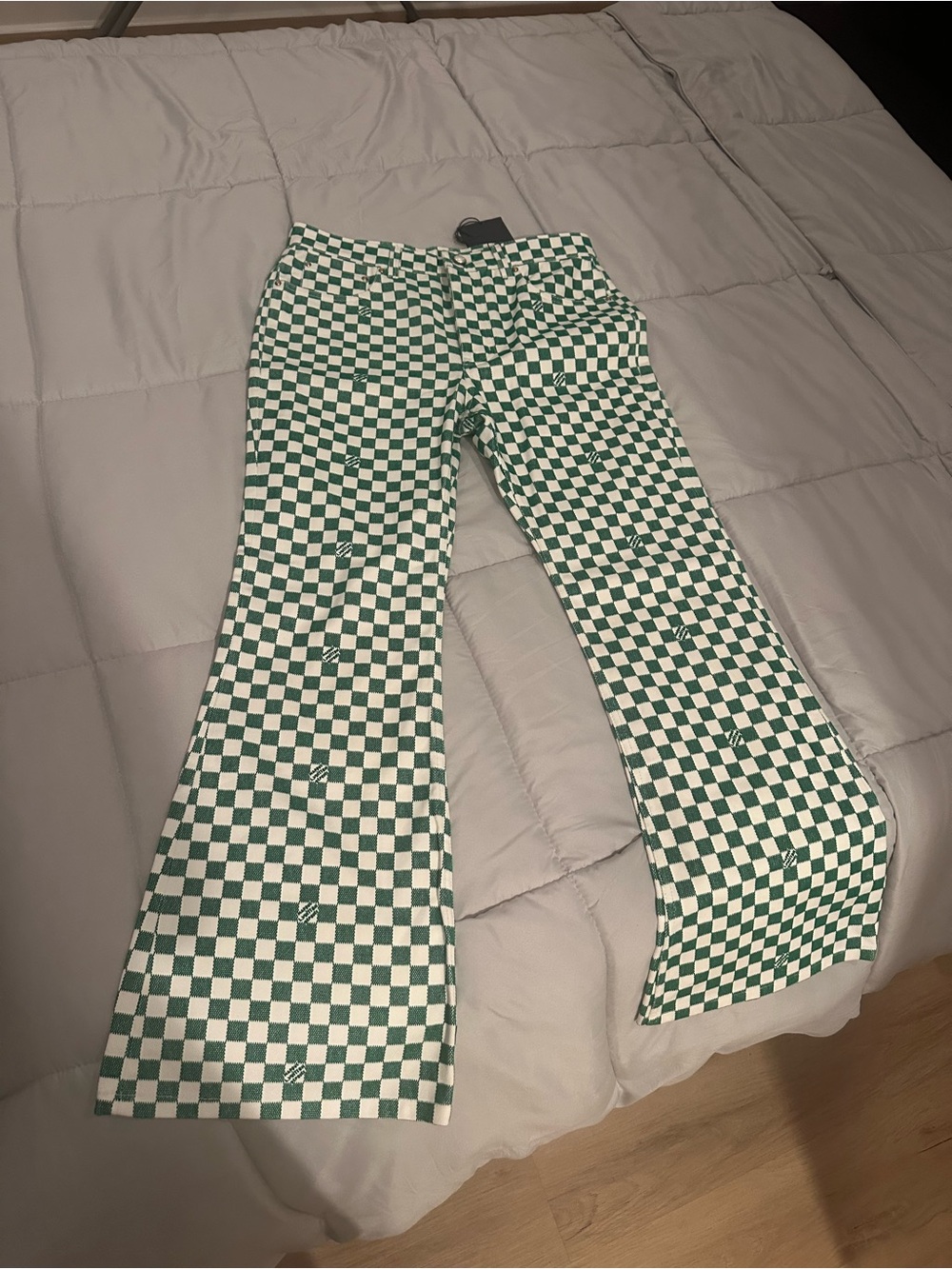 Louis Vuitton Green and White Checkerboard Flare Jeans